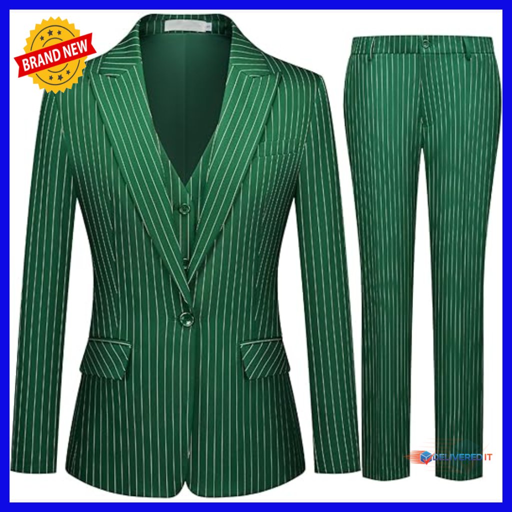 3 Piece Striped Suit Set Slim Fit Blazer Vest Pants Professional Work